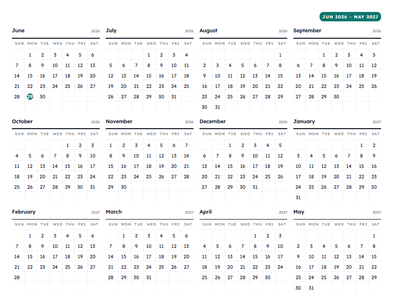 12-Month Calendar on One Page (2026) — printable planning template preview
