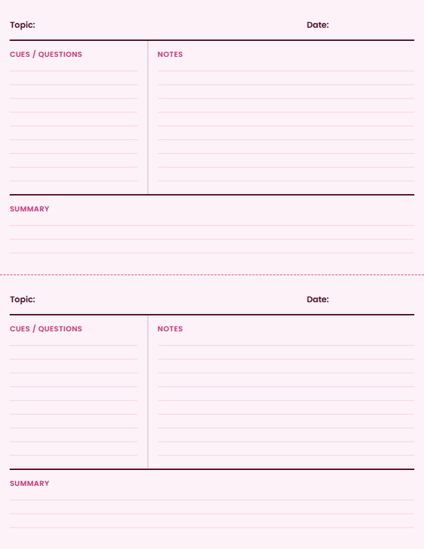 Half-Page Cornell Notes (2 Per Page) — printable study template preview