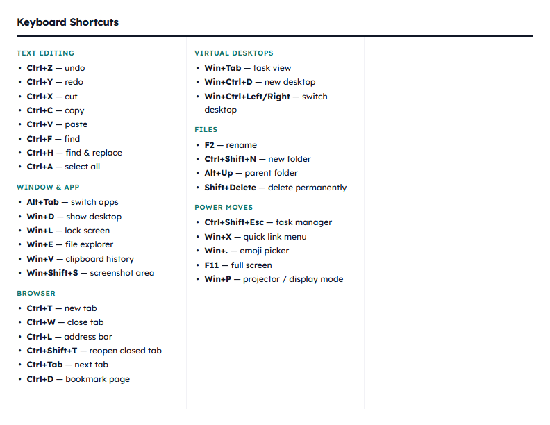 Keyboard Shortcuts Cheat Sheet — printable reference template preview