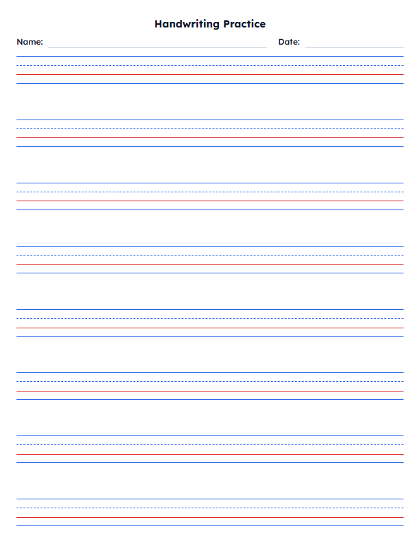 Red & Blue Handwriting Practice Paper — printable classroom template preview