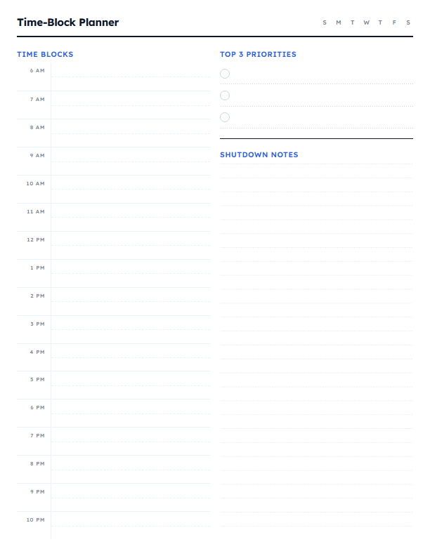 Time-Block Planner — printable productivity template preview