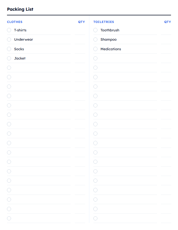 Travel Packing List — printable travel template preview