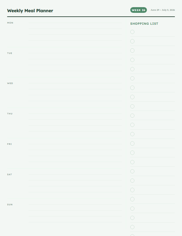 Weekly Meal Planner with Shopping List — printable home template preview